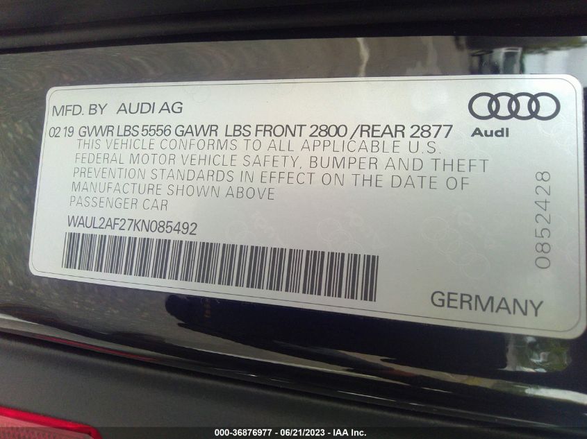 2019 AUDI A6 PREMIUM PLUS - WAUL2AF27KN085492