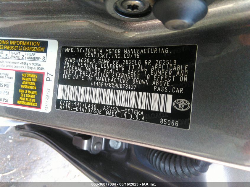 2017 TOYOTA CAMRY XLE/SE/LE/XSE - 4T1BF1FKXHU678437