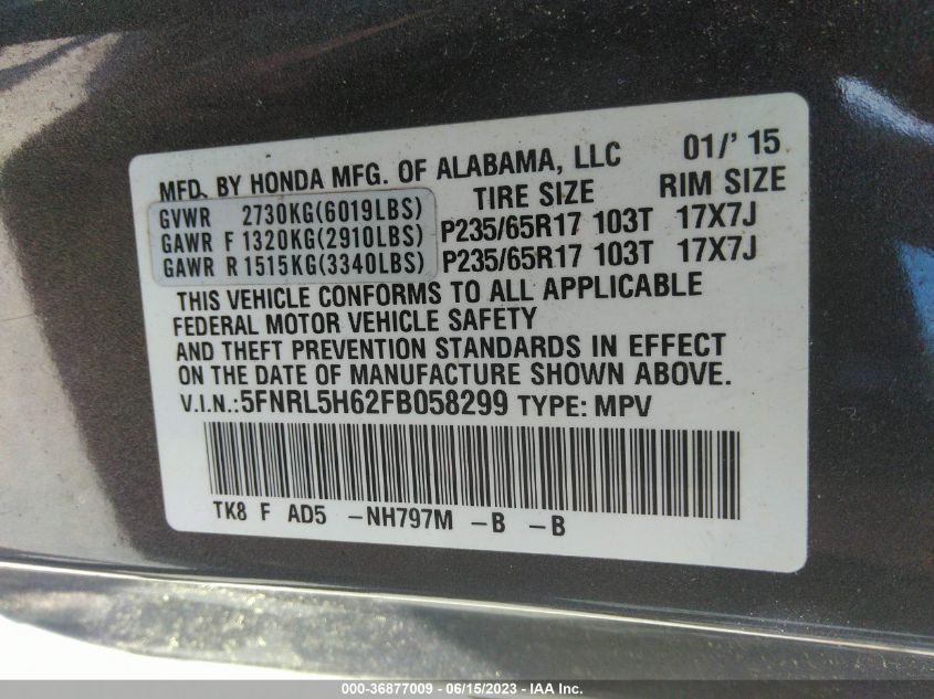 2015 HONDA ODYSSEY EX-L - 5FNRL5H62FB058299