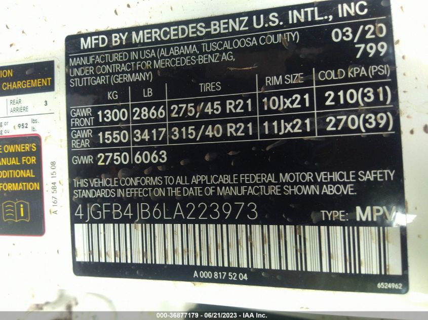 2020 MERCEDES-BENZ GLE 350 - 4JGFB4JB6LA223973