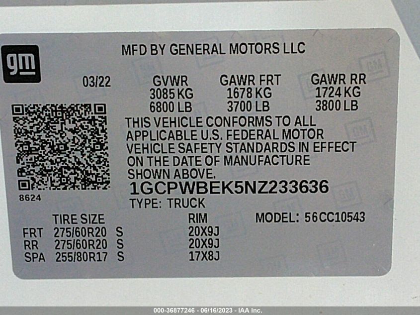 2022 CHEVROLET SILVERADO 1500 LTD CUSTOM 1GCPWBEK5NZ233636