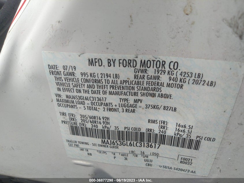 VIN MAJ6S3GL6LC313617 2020 FORD ECOSPORT SE