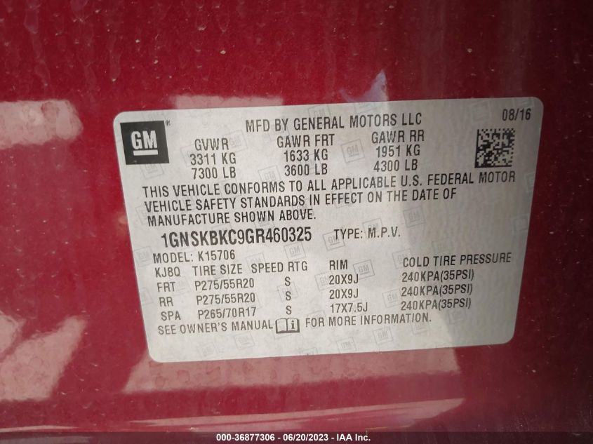 2016 CHEVROLET TAHOE LT - 1GNSKBKC9GR460325