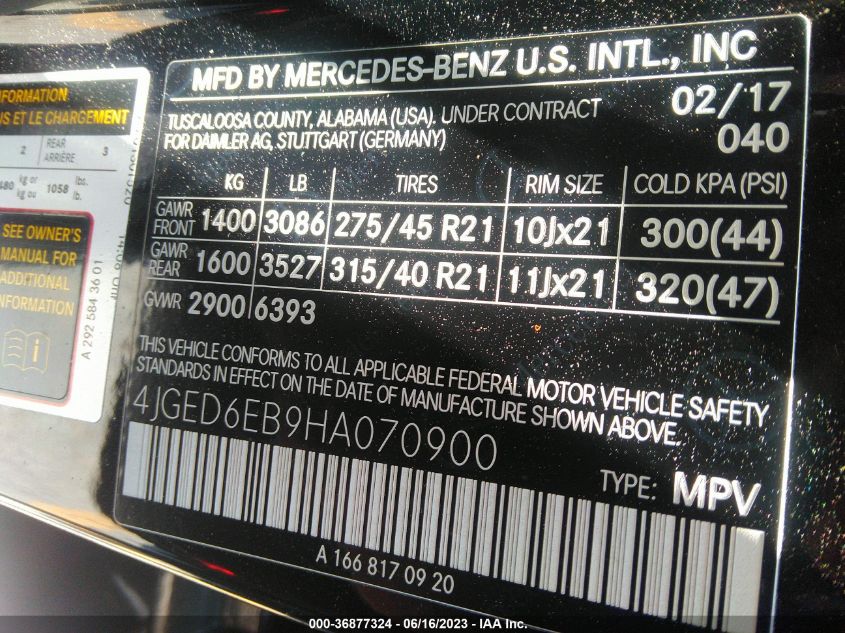 2017 MERCEDES-BENZ GLE AMG GLE 43 - 4JGED6EB9HA070900