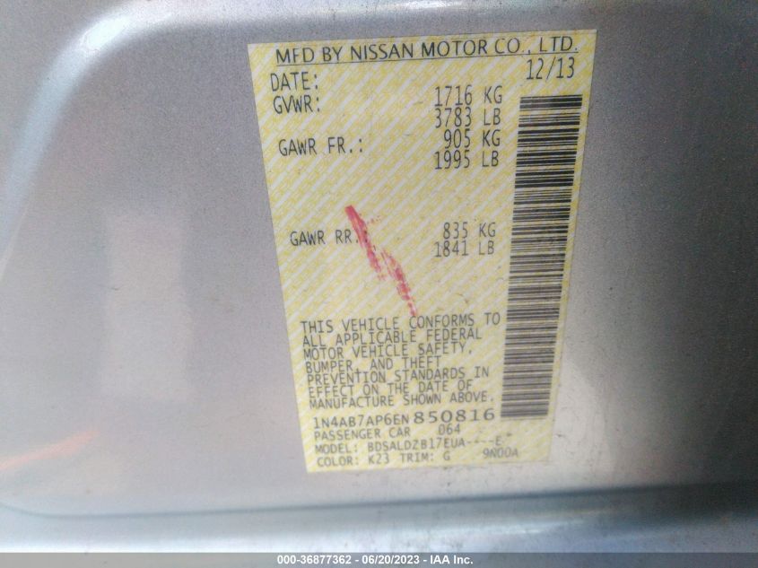 2014 NISSAN SENTRA S/SV/SR/SL - 1N4AB7AP6EN850816