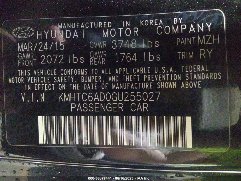 2016 HYUNDAI VELOSTER - KMHTC6AD0GU255027