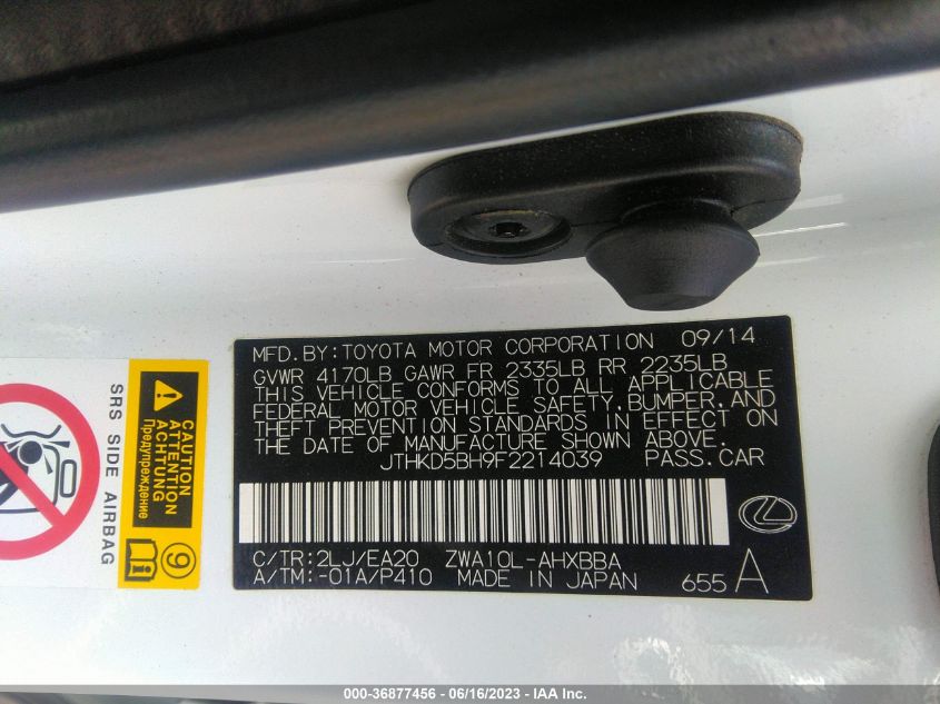2015 LEXUS CT 200H HYBRID - JTHKD5BH9F2214039