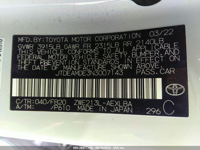 2022 TOYOTA COROLLA HYBRID LE - JTDEAMDE3N3007143