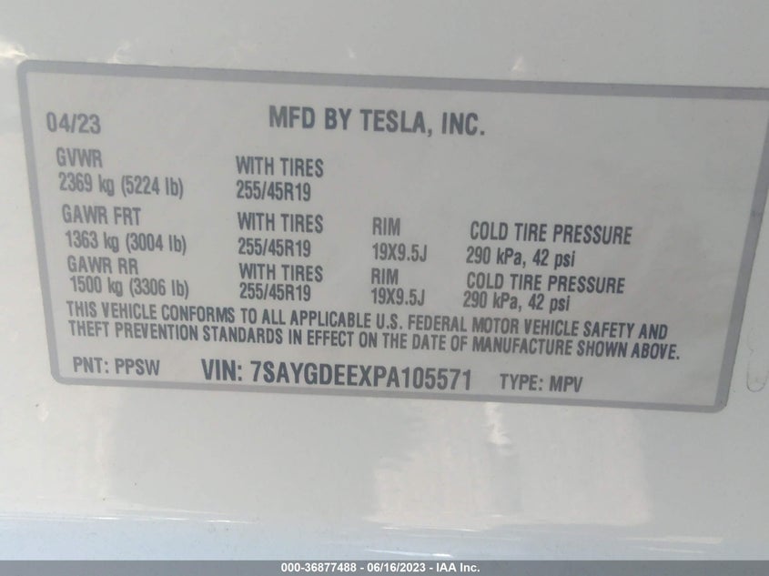 VIN 7SAYGDEEXPA105571 2023 TESLA MODEL Y LONG RANGE