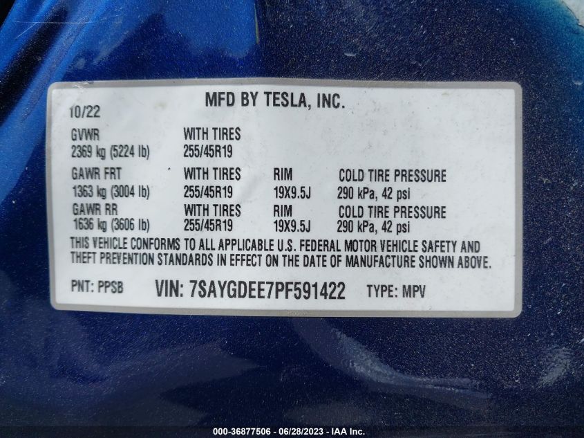 2023 TESLA MODEL Y LONG RANGE - 7SAYGDEE7PF591422