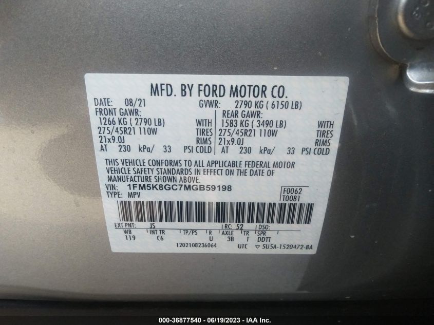 2021 FORD EXPLORER ST - 1FM5K8GC7MGB59198