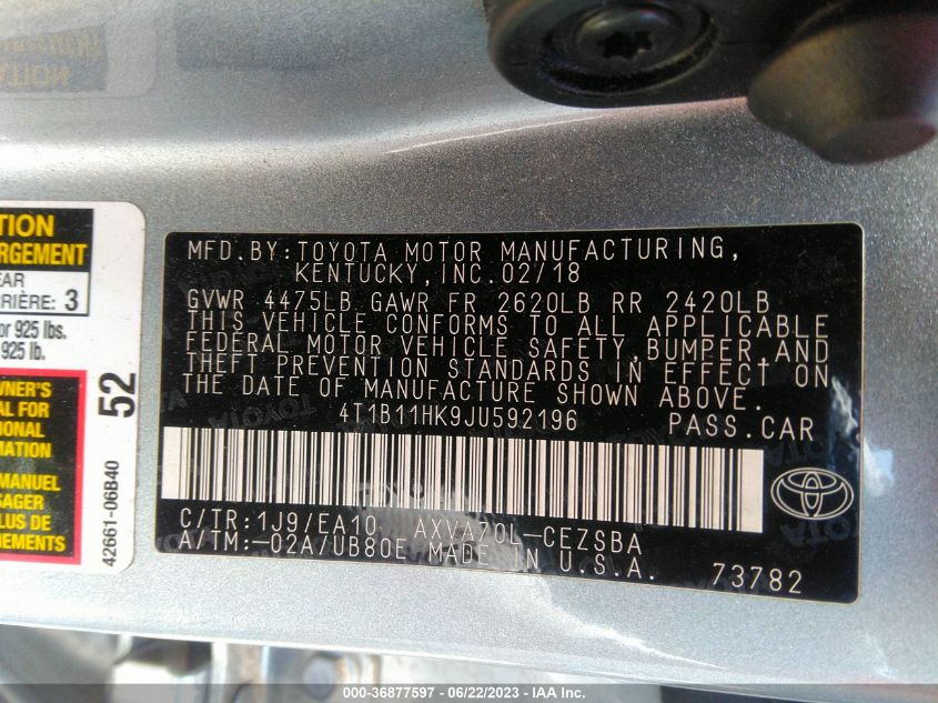2018 TOYOTA CAMRY LE/SE/XLE/L - 4T1B11HK9JU592196