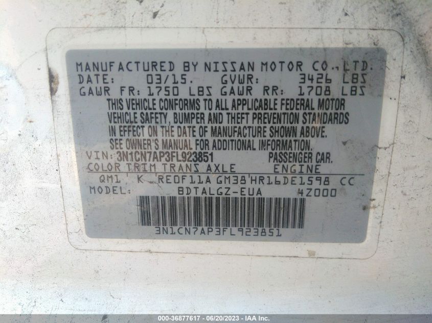 2015 NISSAN VERSA SL - 3N1CN7AP3FL923851