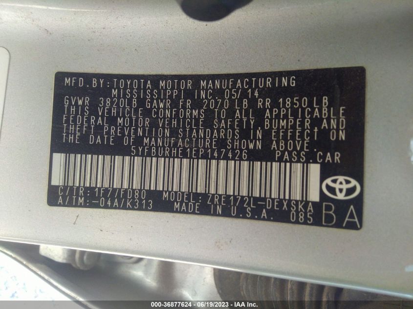 2014 TOYOTA COROLLA L/LE/S/S PLUS/LE PLUS - 5YFBURHE1EP147426