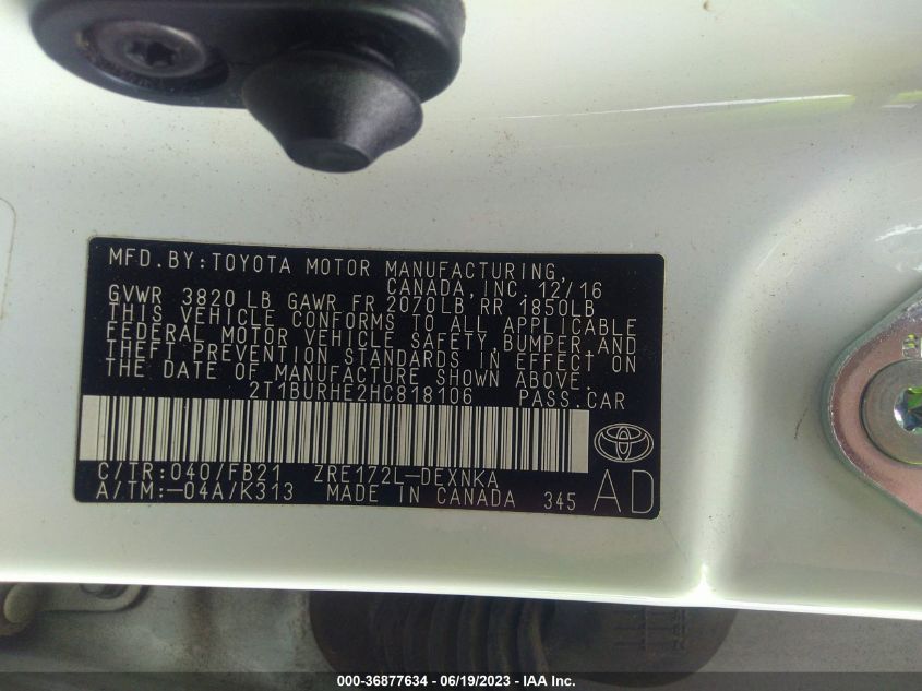 2017 TOYOTA COROLLA L/LE/XLE/SE - 2T1BURHE2HC818106