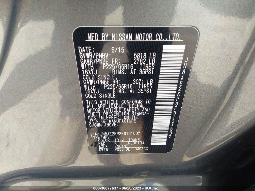 2015 NISSAN QUEST SV - JN8AE2KP3F9131637