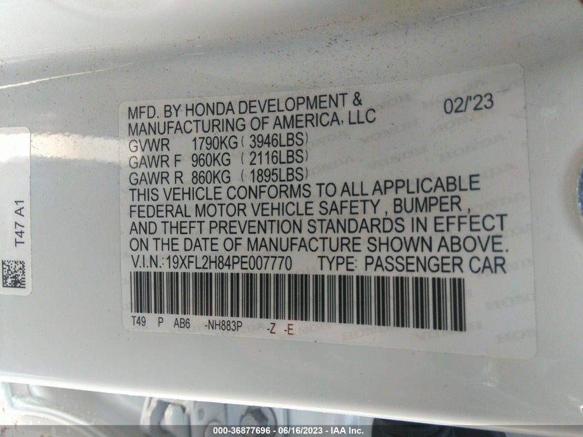 VIN 19XFL2H84PE007770 2023 HONDA CIVIC HATCHBACK SPORT