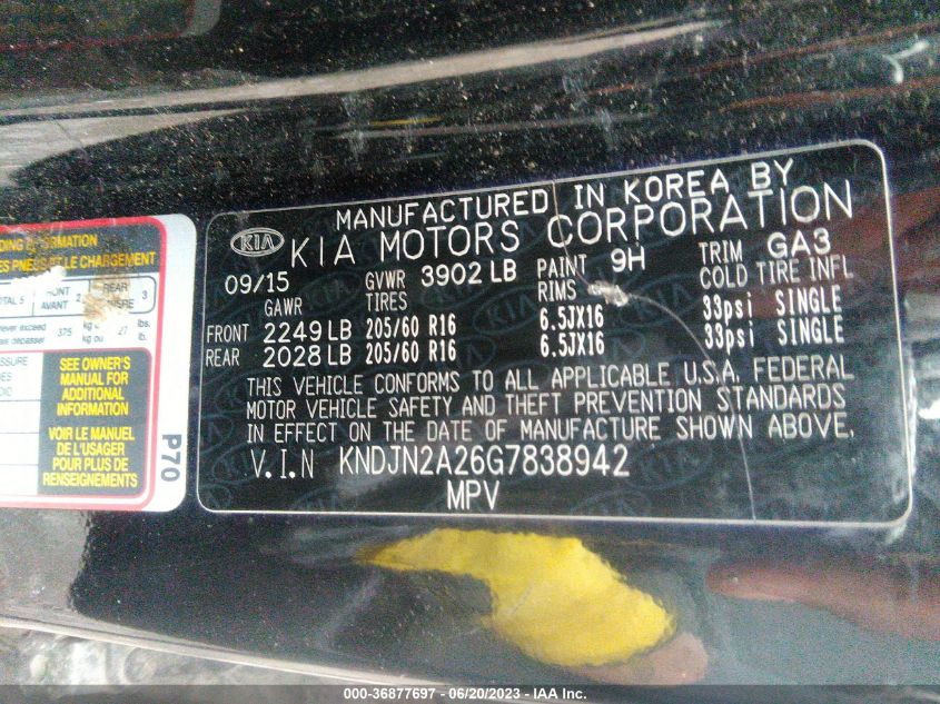 2016 KIA SOUL BASE - KNDJN2A26G7838942