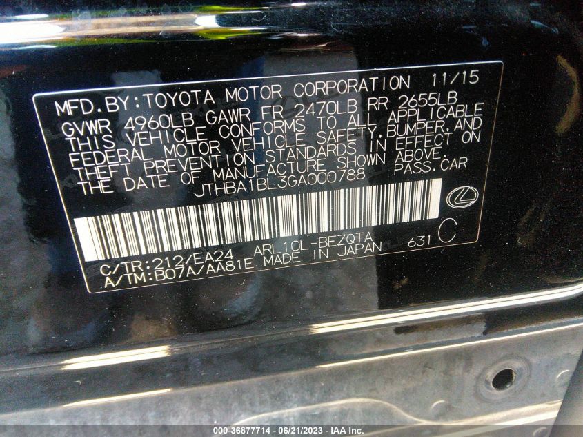2016 LEXUS GS 200T - JTHBA1BL3GA000788