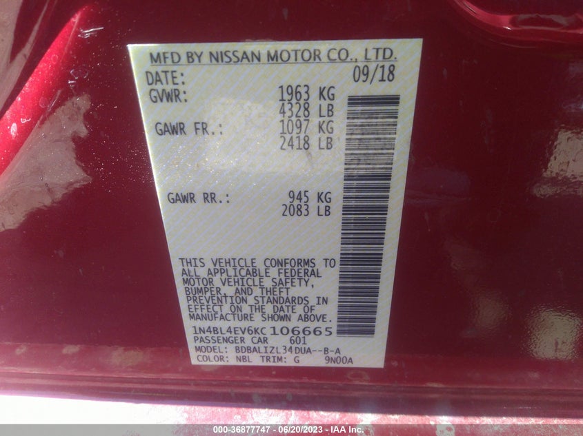 VIN 1N4BL4EV6KC106665 2019 NISSAN ALTIMA 2.5 SL