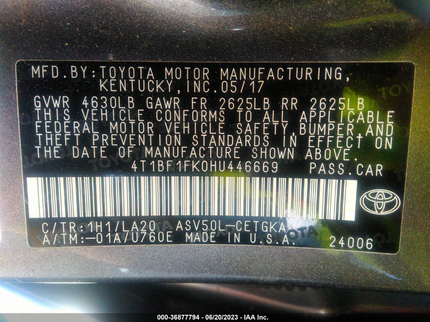 2017 TOYOTA CAMRY XLE/SE/LE/XSE - 4T1BF1FK0HU446669