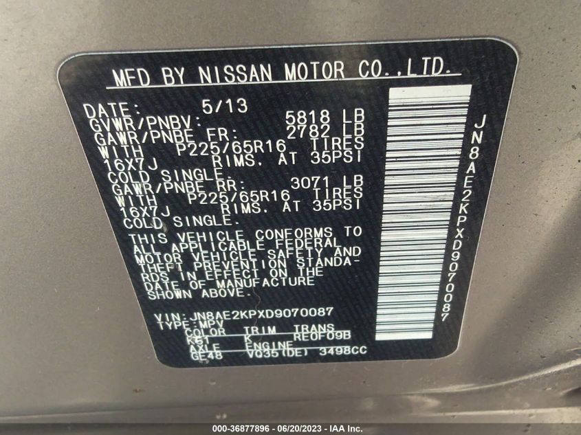 2013 NISSAN QUEST SV - JN8AE2KPXD9070087