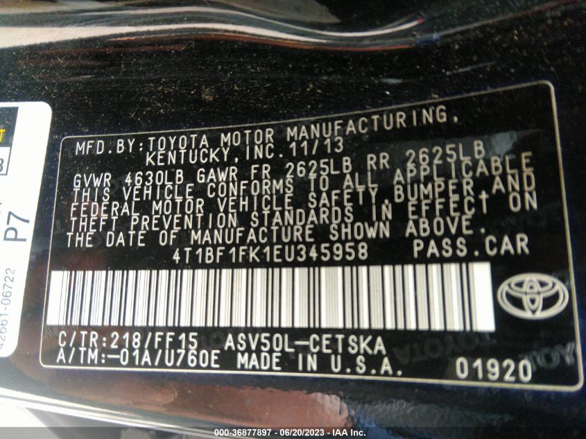 2014 TOYOTA CAMRY L/LE/XLE/SE/SE SPORT - 4T1BF1FK1EU345958