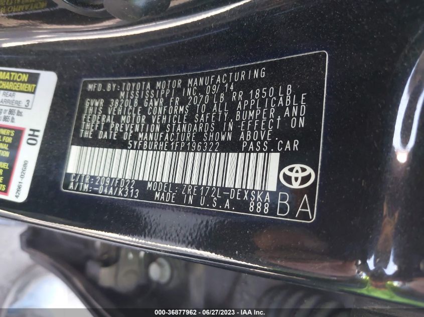 2015 TOYOTA COROLLA L/LE/S/S PLUS/LE PLUS - 5YFBURHE1FP196322