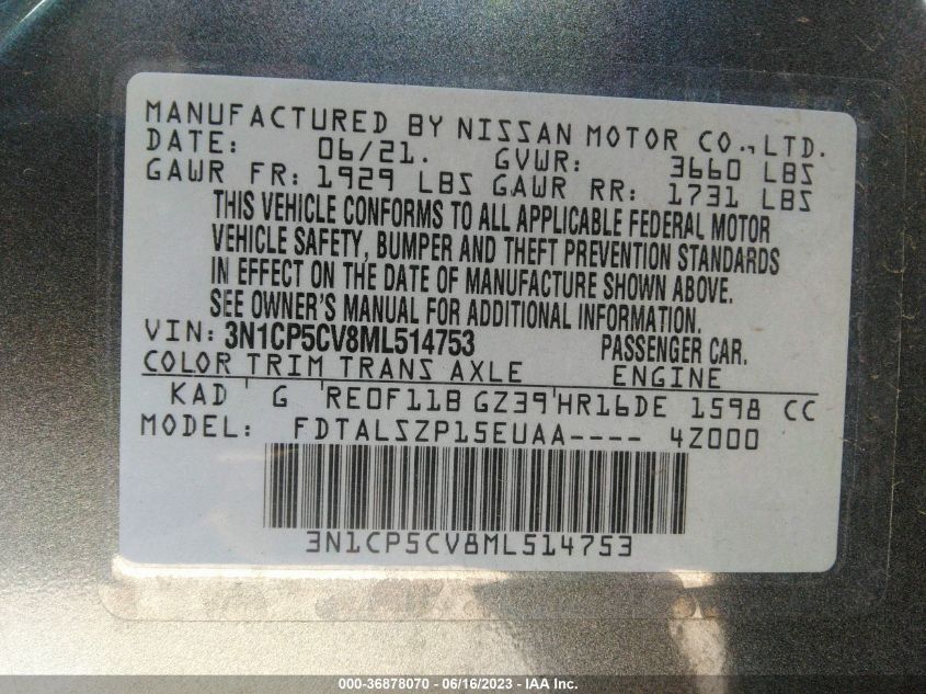 2021 NISSAN KICKS SV - 3N1CP5CV8ML514753