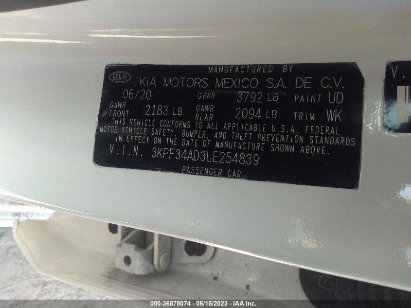 2020 KIA FORTE GT-LINE - 3KPF34AD3LE254839