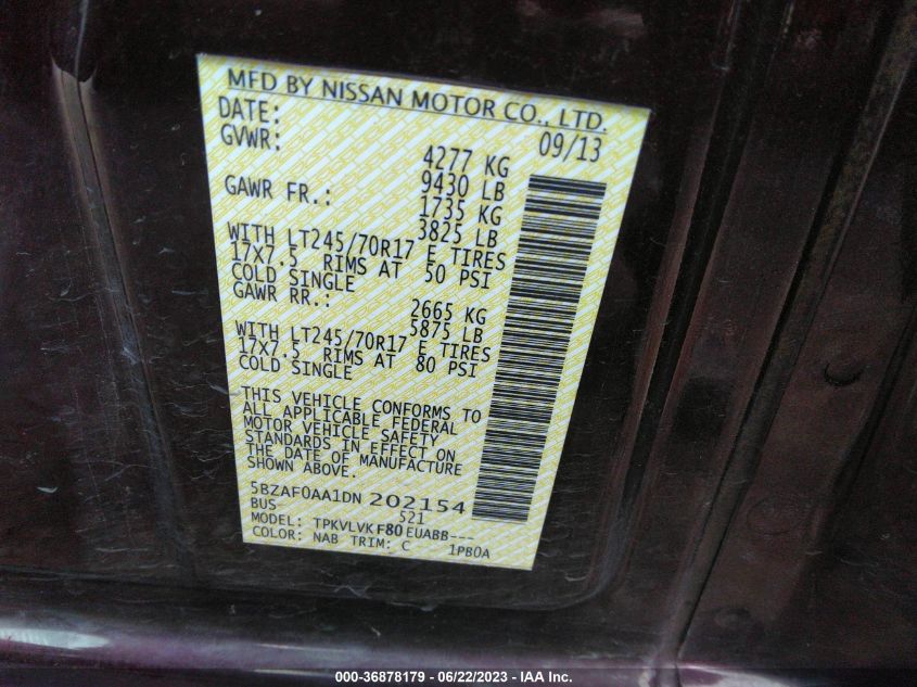 2013 NISSAN NVP SL 5BZAF0AA1DN202154