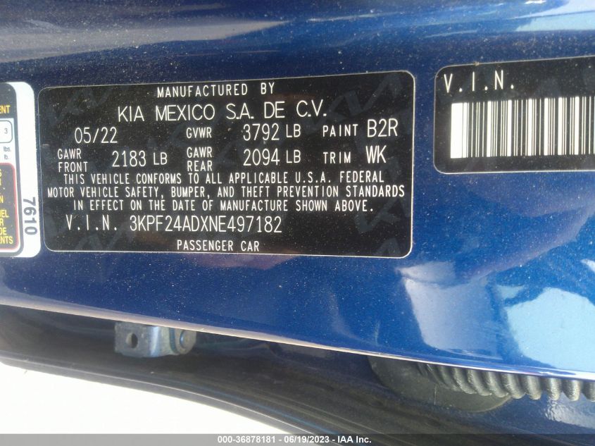 2022 KIA FORTE LXS - 3KPF24ADXNE497182