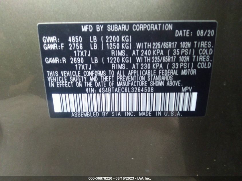 2020 SUBARU OUTBACK PREMIUM - 4S4BTAEC6L3264508