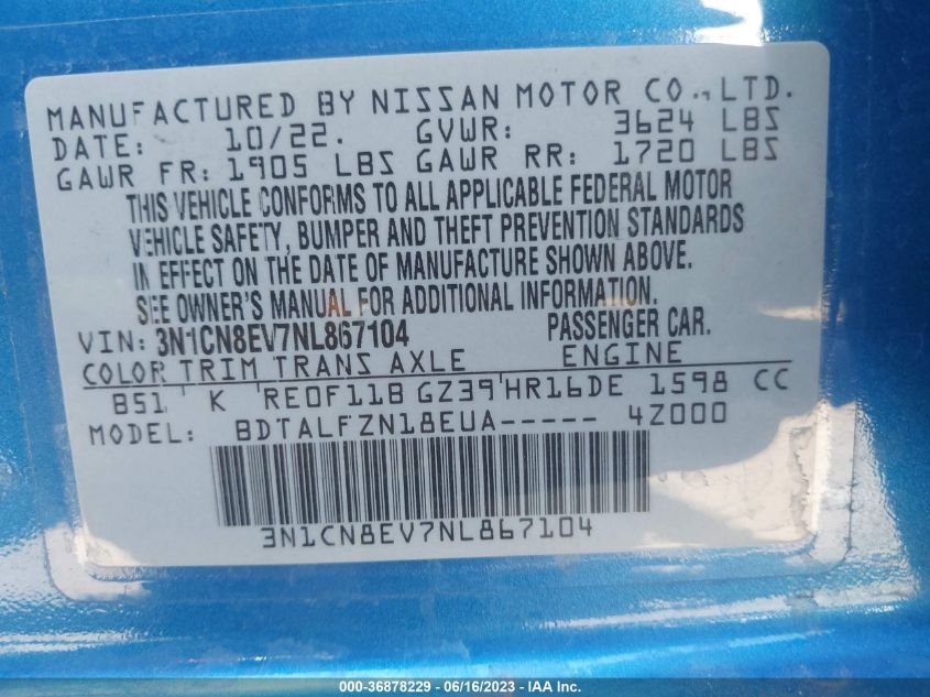 2022 NISSAN VERSA SV - 3N1CN8EV7NL867104