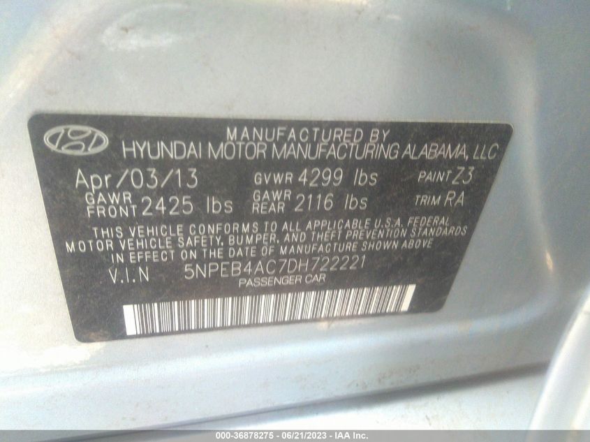 2013 HYUNDAI SONATA GLS - 5NPEB4AC7DH722221