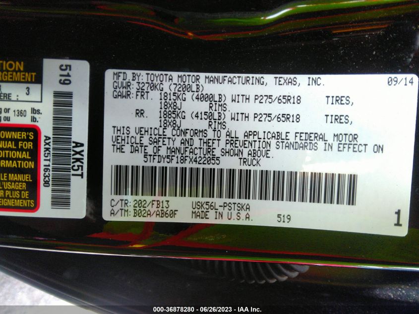 2015 TOYOTA TUNDRA 4WD TRUCK SR5/TRD PRO - 5TFDY5F18FX422055