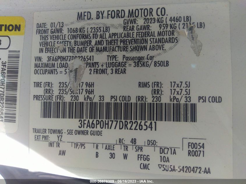 2013 FORD FUSION SE - 3FA6P0H77DR226541