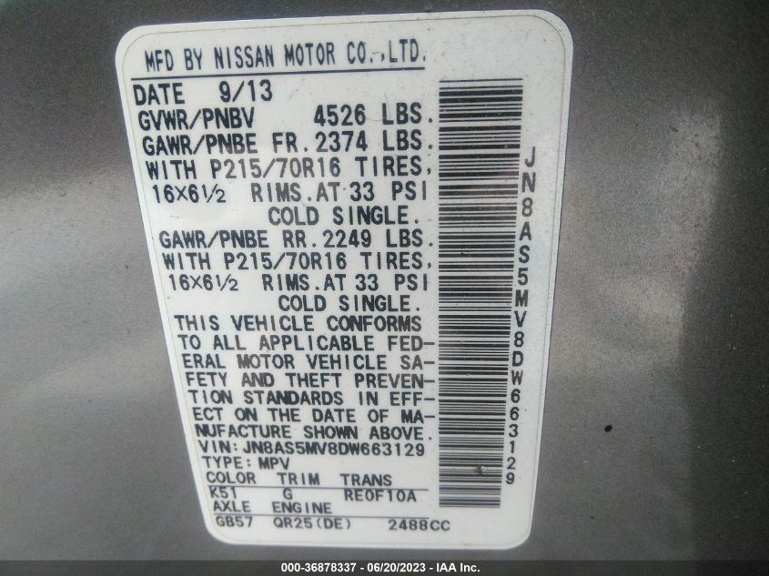 2013 NISSAN ROGUE S - JN8AS5MV8DW663129