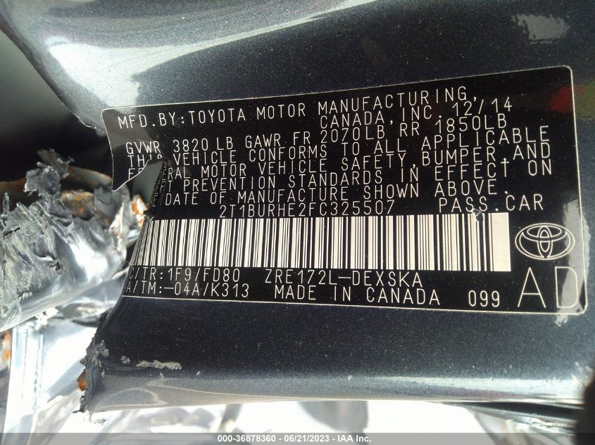 2015 TOYOTA COROLLA L/LE/S/S PLUS/LE PLUS - 2T1BURHE2FC325507