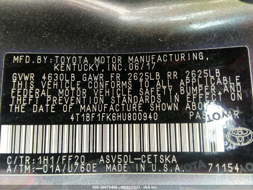 2017 TOYOTA CAMRY LE/XLE/SE/XSE - 4T1BF1FK6HU800940