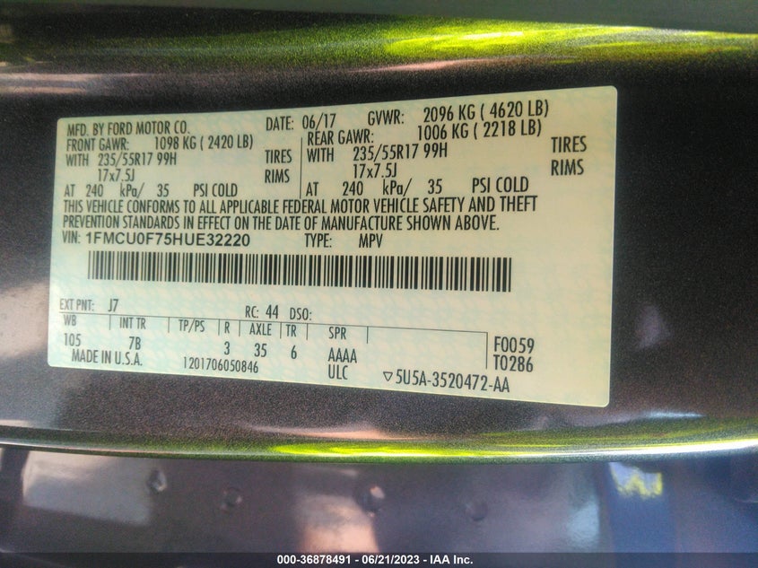 VIN 1FMCU0F75HUE32220 2017 FORD ESCAPE S