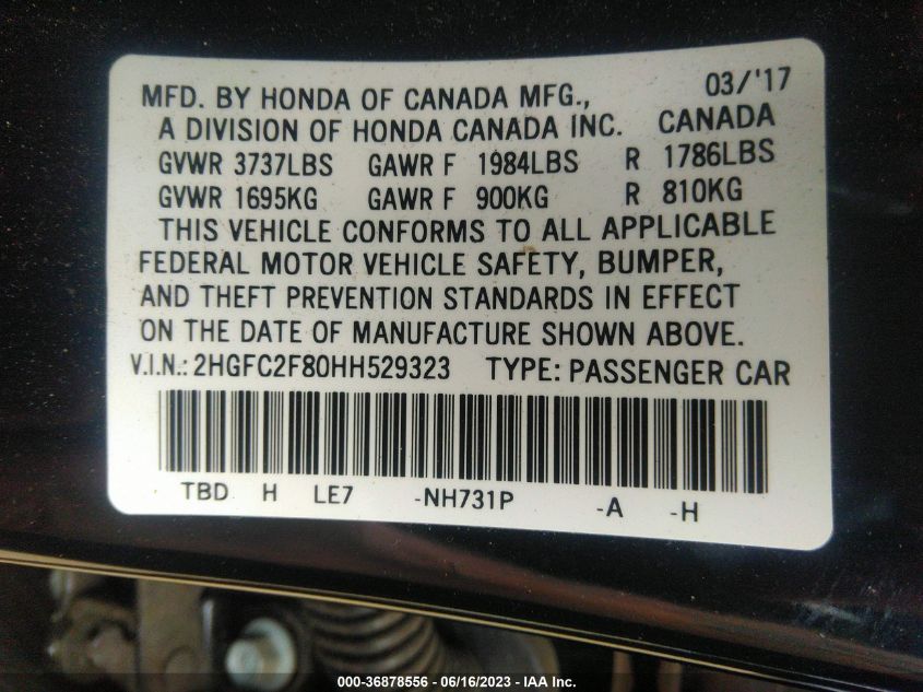 2017 HONDA CIVIC SEDAN EX - 2HGFC2F80HH529323