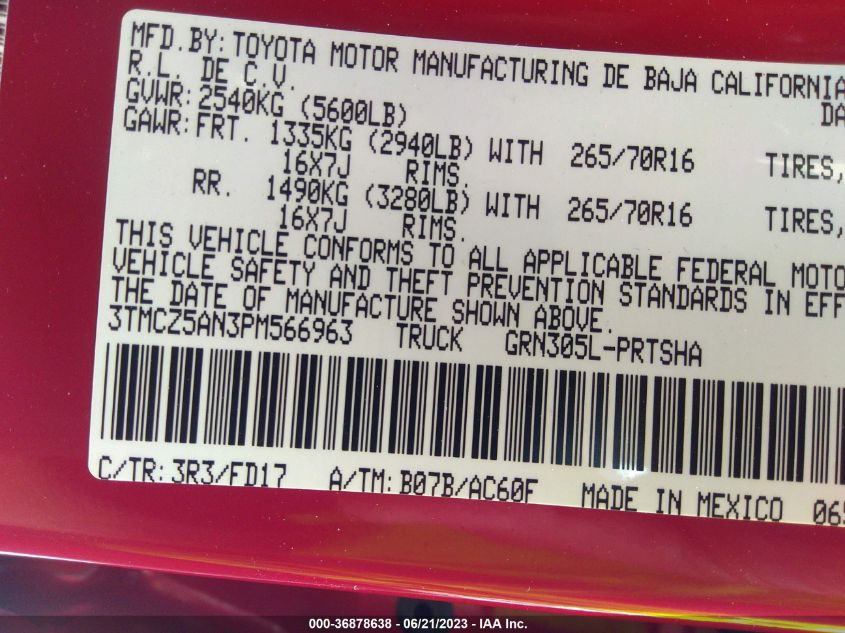 2023 TOYOTA TACOMA 4WD SR/SR5/TRD SPORT - 3TMCZ5AN3PM566963