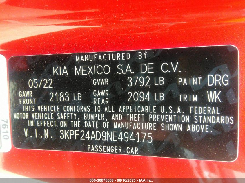 2022 KIA FORTE LXS - 3KPF24AD9NE494175