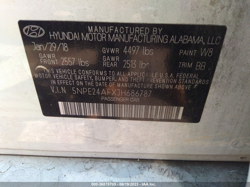 VIN 5NPE24AFXJH686787 2018 HYUNDAI SONATA SE