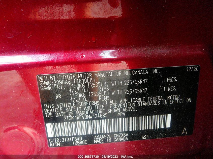 2021 TOYOTA RAV4 LE - 2T3K1RFV9MW124685