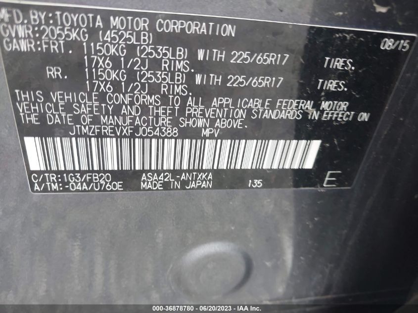 2015 TOYOTA RAV4 LE - JTMZFREVXFJ054388