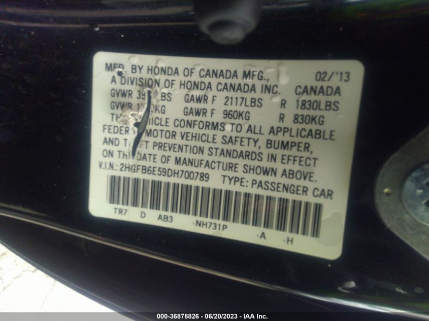 2013 HONDA CIVIC SDN SI - 2HGFB6E59DH700789