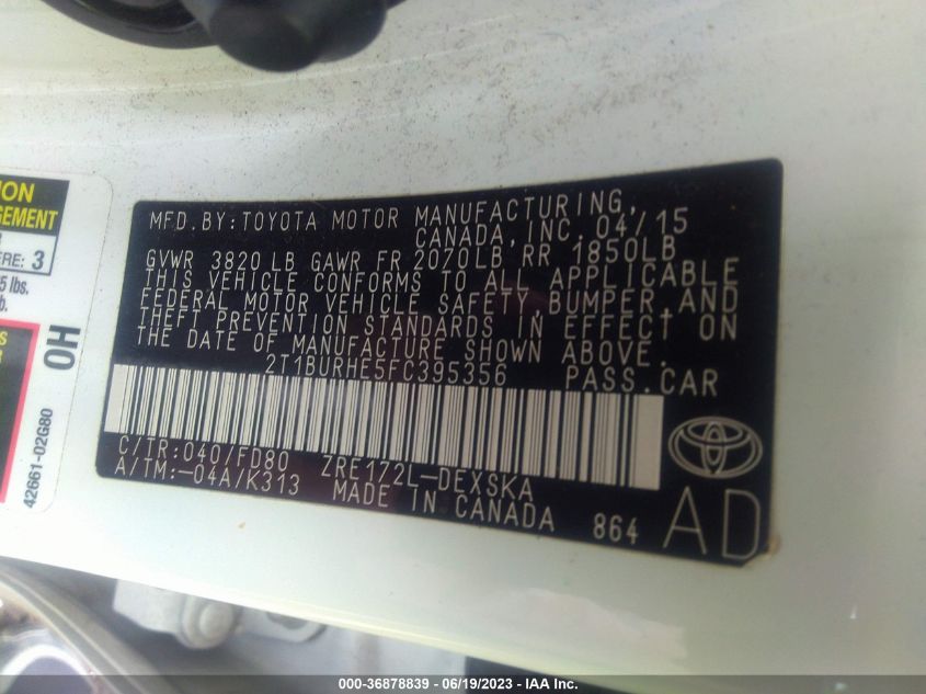 2015 TOYOTA COROLLA L/LE/S/S PLUS/LE PLUS - 2T1BURHE5FC395356