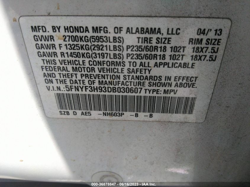2013 HONDA PILOT TOURING - 5FNYF3H93DB030607
